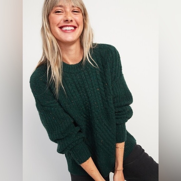 Old Navy Cozy Cable Knit Blouson Sleeve Sweater Forest Green Small Cotton Blend - Picture 1 of 11